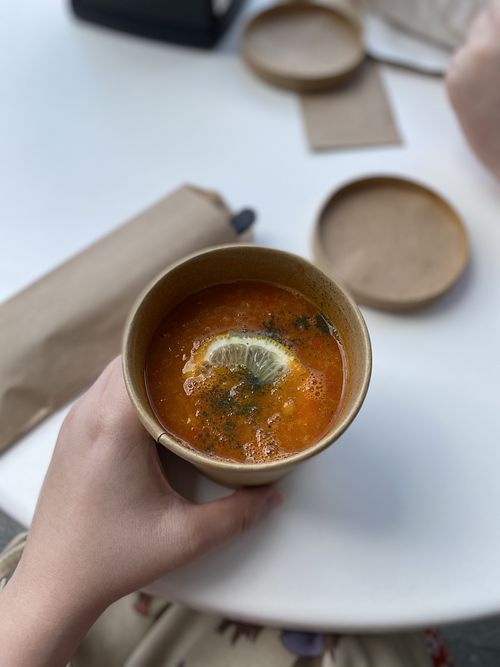 Lentil soup for takeaway at Israel Grill in Krasnodar