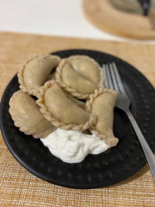 Vegan vareniki from Tulasi after cooking with vegan mayo at Tulasi in Krasnodar