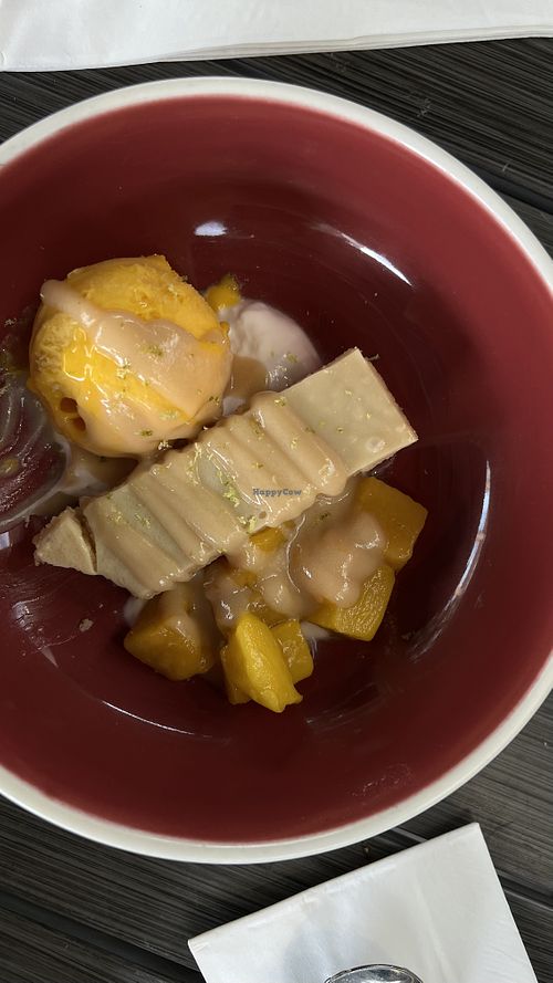 Tres leches with mango sorbet and fresh mango. It was very good but I’ve tried better, my recommendation is to make the cake more wet with the 3 milks as the original recipe.   at 123V Browns in London