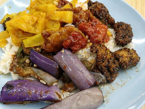 Economic rice with eggplant, Curry vegetables and 2 mock items at Jin Hong Vegetarian 金红素食 - Bukit Gombak in West Singapore