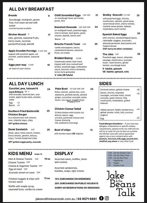 Menu as of June 2024  at Jake & the Beans Talk in Malvern East