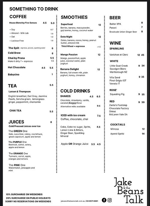 Menu as of June 2024  at Jake & the Beans Talk in Malvern East