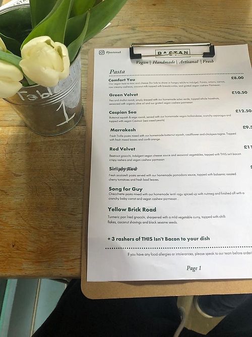 menu at Pastan Barbican in London