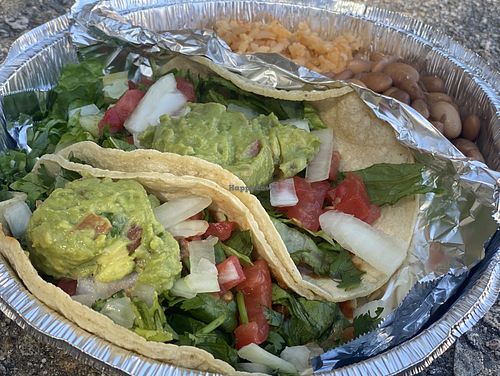 Soy asada tacos with guacamole, vegan rice and pinto beans  at Santiago's Taco Shop in Lake Arrowhead