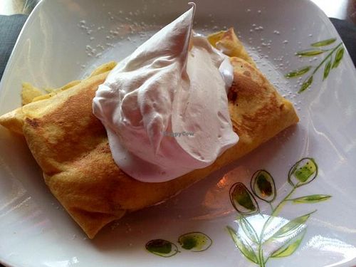 Cinnamon Peach Crepe w vegan cream cheese & homemade vegan whip cream  at Tiger Lily Cafe in Chesterton