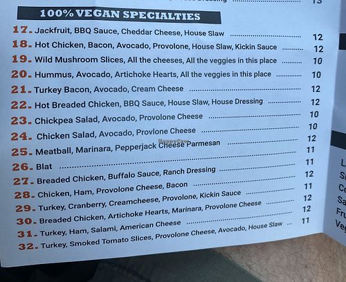 Vegan section of menu  at Timmy Ginger's Sandwich Shop in Roseville