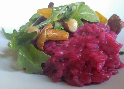 Vegan Red Beet Risotto with Chanterelle, Arugula, and Holmquist Hazelnut at Tilth in Seattle