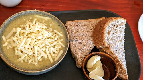 Roast cauliflower soup with vegan cheese at Bumbles' Rest Cafe in Ambleside