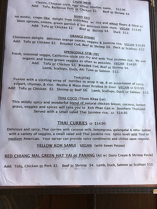 Menu at Thai Sapa in Springdale