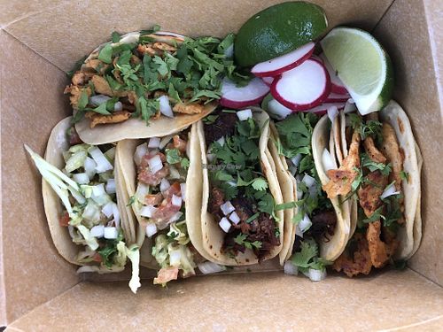 All three of the plant based tacos!  All were good but jackfruit carnitas was the best!   at Crearéé (FKA Mercado Mexico) in Bishop