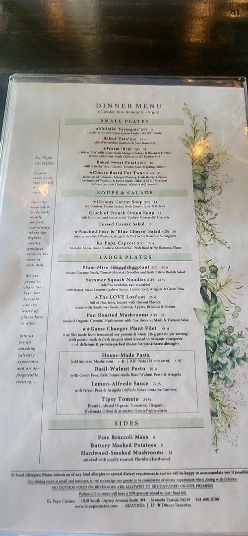 Menu page 1 August 17 2024 at Ka Papa Cuisine in Sarasota