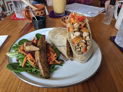 vegano wrap - fresh ingredients and well seasoned - comes with house salsa and pickles at Calmate Cafe in Puerto Vallarta