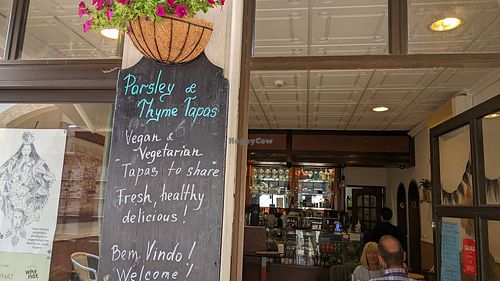 Three outside of the shop. There is a vegan menu, and also a daily list on a chalkboard of the many dishes available, many of which were vegan 😀 at Parsley and Thyme in Silves
