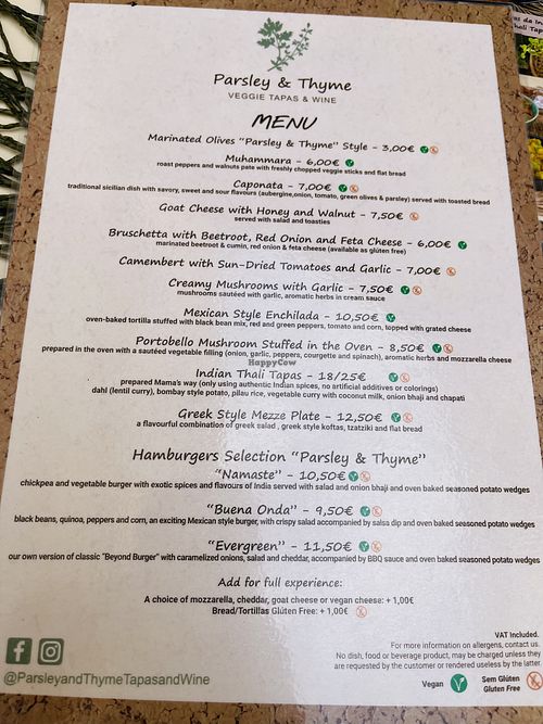 Menú, only 2 dishes are not vegan   at Parsley and Thyme in Silves