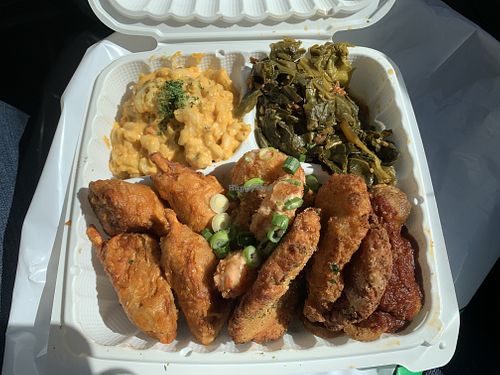 Combo plate with smackaroni, collard greens, vegan drumsticks, vegan shrimp and vegan chicken  at Vegan Mob in San Bruno
