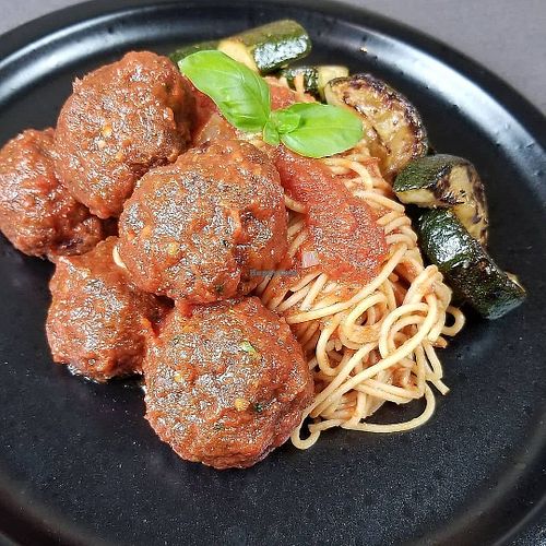 Spaghetti marinara with spicy beetballs  at Plant Power Nashville  in Brentwood