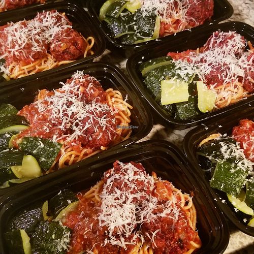 Spaghetti marinara with spicy beetballs and roasted zucchini  at Plant Power Nashville  in Brentwood