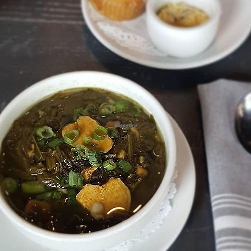 Mustard greens and yam soup at Plant Power Nashville  in Brentwood