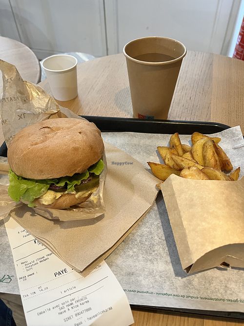 Burger and fries   at Hank Vegan Burger in Lille