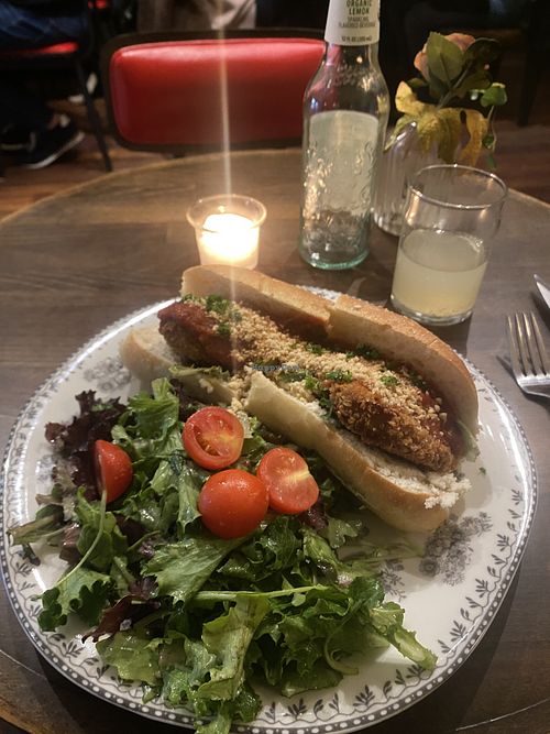 Solo Date Night - Organic Lemon Sparkling Beverage and Chick’n Parm w/Salad - Devoured It All, Very Delicious and Satisfying 😋   at DC Vegan in Washington