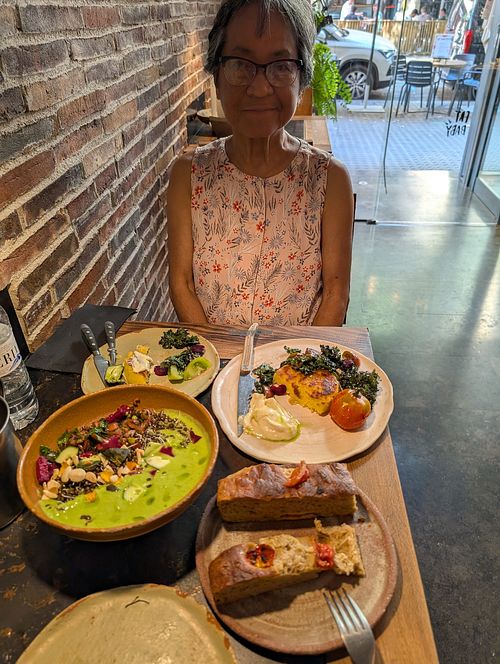Polenta, green curry, and focaccia at Fat Veggies in Barcelona