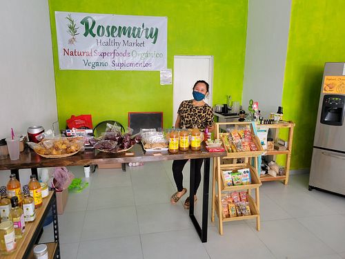 Inside with the owner at Rosemary Healthy Market in Puerto Vallarta