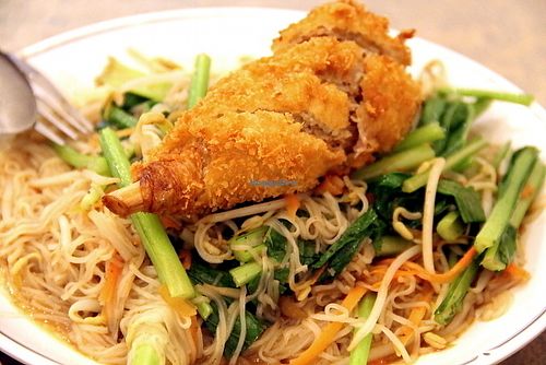 Vegan drumstick and fried noodles.  at Evergreen Vegetarian - Phsar Chas in Phnom Penh