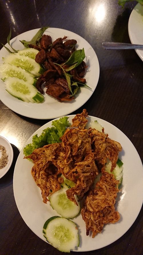 FRIED mushroom and fried chicken at Evergreen Vegetarian - Phsar Chas in Phnom Penh