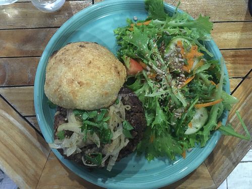 Vegan bean burger with homemade bread and salad as a side at Intz48 Coffee Roasters Azores in Sao Miguel