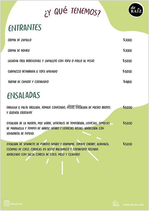 Menu at De Raiz in Santiago