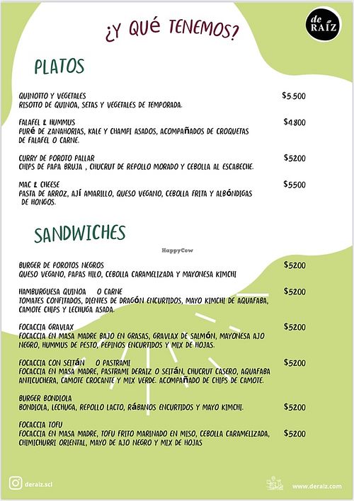 Menu at De Raiz in Santiago