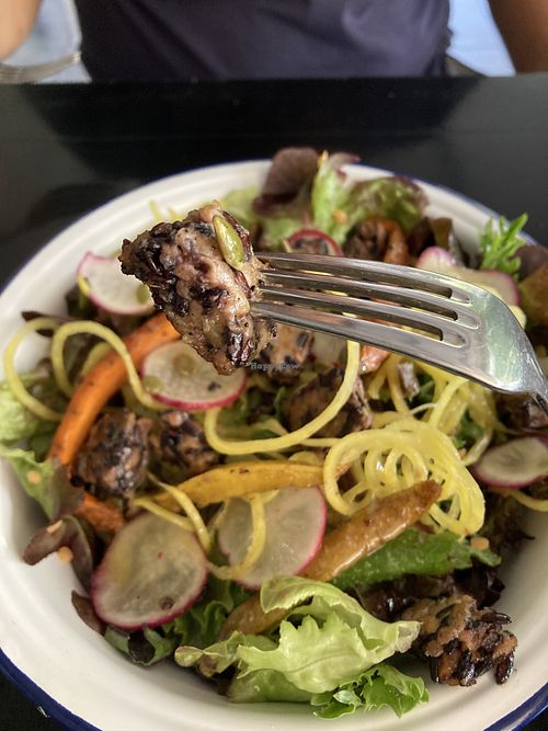 Salad with Home-made tempeh (amazing)  at De Raiz in Santiago