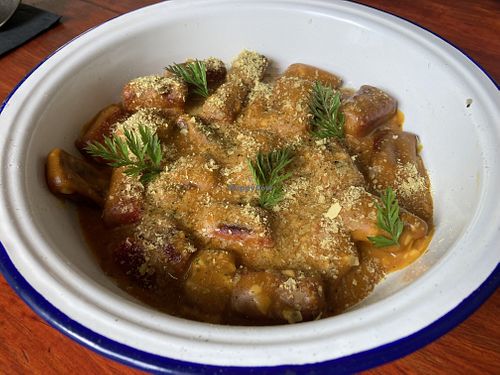 Vegan beetroot gnocchi in pumpkin&sweet potatoes sauce with an orange touch.   at De Raiz in Santiago