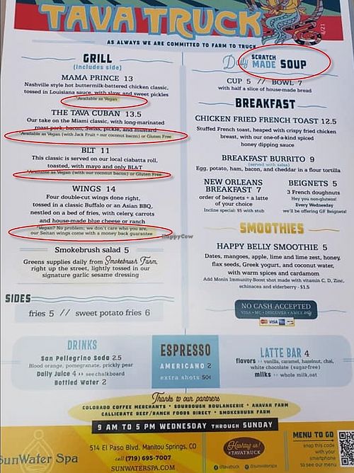 The owner told me that even items not marked as vegan on the menu will soon be available as vegan as well. at Tava Truck in Manitou Springs