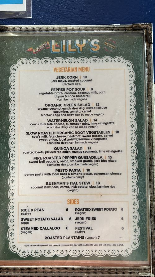 Veg menu in March 2026  at Miss Lily's in Negril