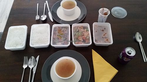 The 2 person menu: 2 boxes of rice, 3 boxes of other items, some sate and (not in pic) a big tub of chicken soup.  at Soy in Utrecht