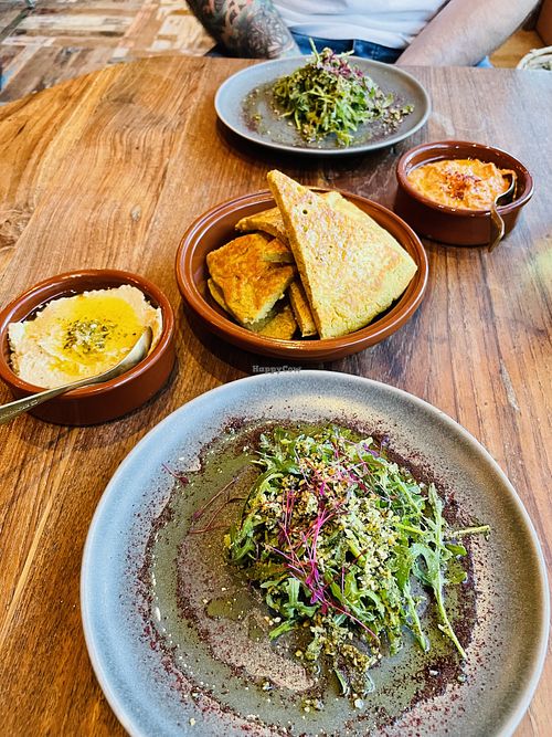 Starters of chickpea bread, hummus & Babaganoush   at Dane & Port - Natural Kitchen in Bournemouth