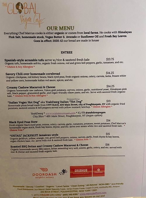Menu at The Global Vegan Cafe  in Poughkeepsie