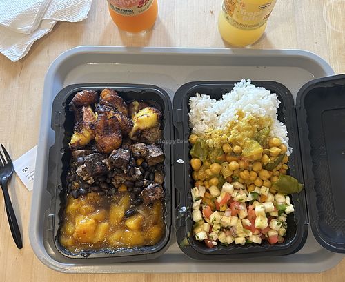 plantains, jerk tofu w/ black bean, mango chutney, white rice, coconut chickpea curry, pineapple salsa  at Yardie Ting in Portland