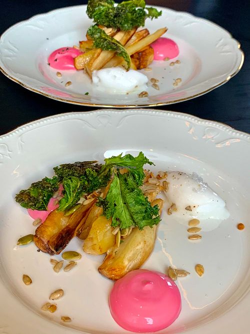 Pasnip with beetroot mayo and home made vegan cheese. at Roka in Rovaniemi