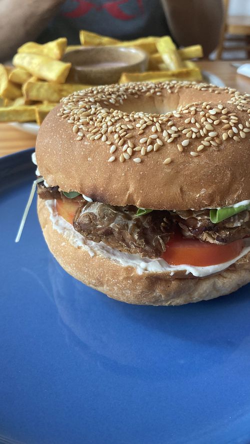 Tempeh bagel with cream cheese  at iVegan Supershop Da Nang - Healthy Plant Based Cafe in Da Nang