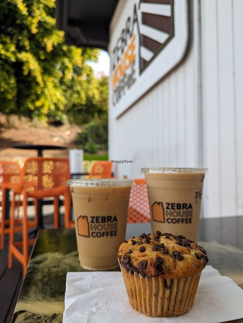 Banana chocolate chip muffin, iced soy latte, PB banana protein shake at Zebra House Coffee in San Clemente