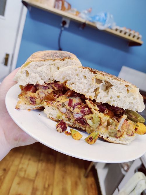 Mexican bean Panini, spiced kidney beans with peppers and onion (also available cold) at Sandwich Heaven in Macclesfield