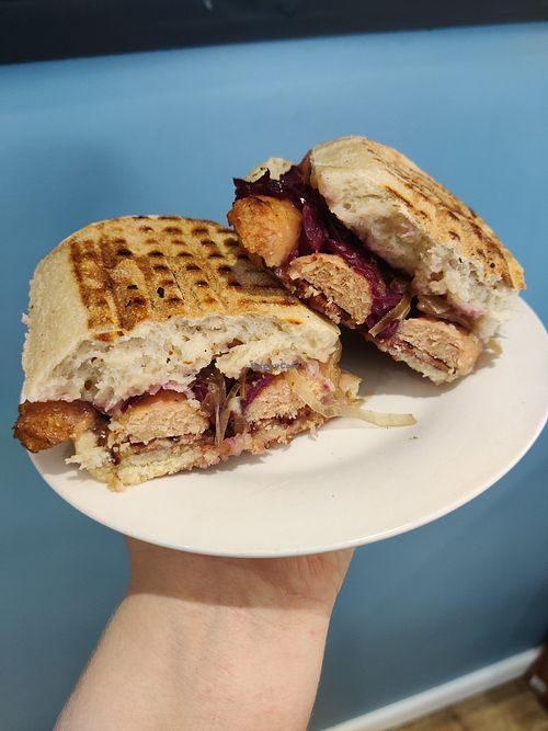 November Vegan special- Pigs under blankets, braised cabbage and gravy mayo panini at Sandwich Heaven in Macclesfield
