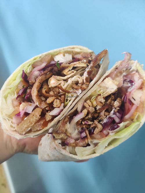 February special- Wrap with Vivera Greek Kebab, Slaw, Salad, Mayo & Hot Sauce  #Veganuary at Sandwich Heaven in Macclesfield