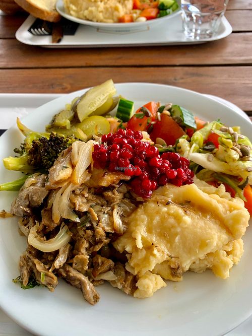 Vegan broad bean fry & lingonberry and potato mash & pickles. (Buffet lunch) at Café Ursula in Helsinki