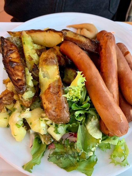 Vegan sausages & potato wedges, potato salad. (Lunch buffet) at Café Ursula in Helsinki