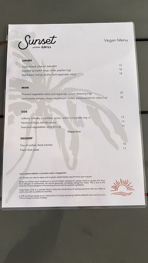 Copy of the vegan menu 24 June 2025  at Sunset Bar & Grill in Broome