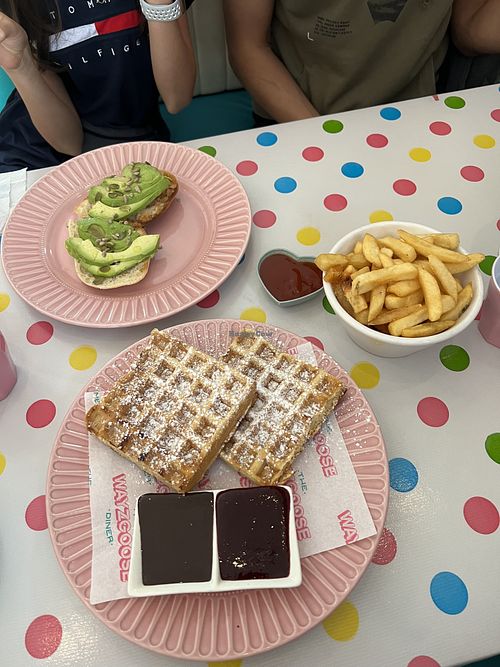 Vegan waffles with berry and choco sauce & avocado toast  at The Wayzgoose Diner in Leura