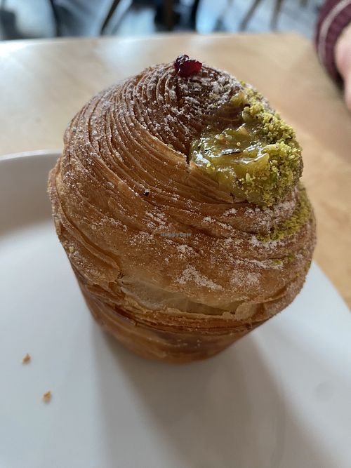 Pistachio ‘doughnut’ which was flaky pasty and filled with pistachio cream 😋 made by their sister company Krafin   at Chutnej in Prague